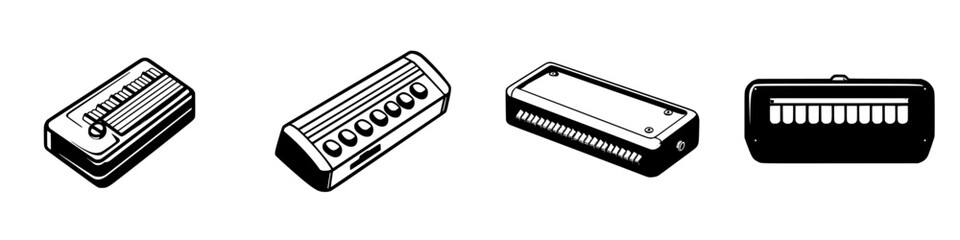 Poster - Various styles of harmonicas displayed in a row against a simple background in a minimalistic art style