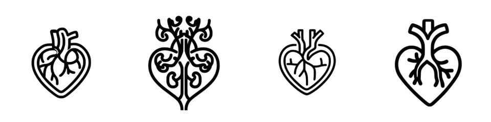 Poster - Intricate line art depicting anatomical hearts with decorative patterns and details, showcasing artistic talent in a minimalist style