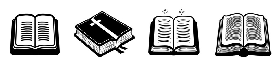 Poster - Various black and white illustrations of open books with different details and styles for educational purposes