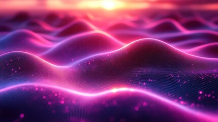 Poster - Abstract pink and blue glowing wave landscape at sunset.