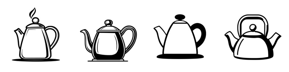 Poster - Various styles of teapots displayed in a simple black and white design showing different shapes and designs