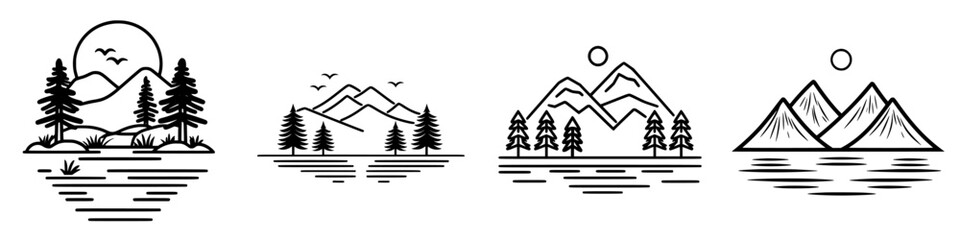 Poster - Nature-inspired illustrations of mountains and lakes featuring trees and a rising sun