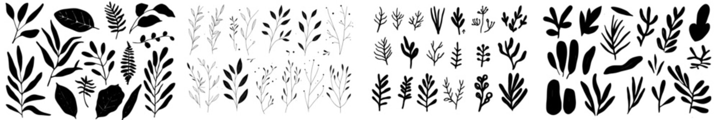 Poster - a set of modern lino cut stamps featuring black leaves and branch imprints on a white background, al