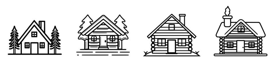 Poster - Different styles of traditional cabin designs showcased in simple line art form