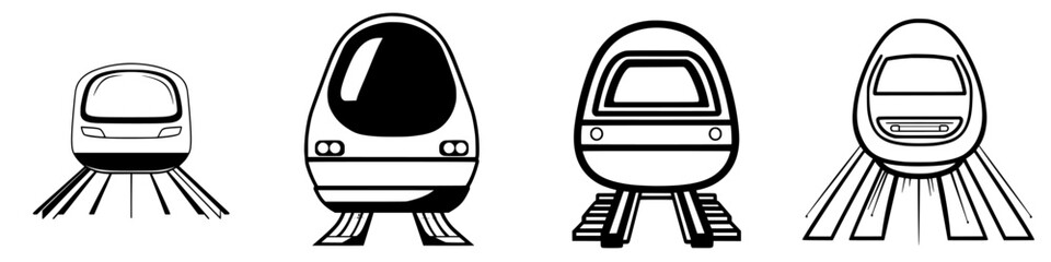Poster - Four train designs illustrating various angles and styles in a minimalist black and white style