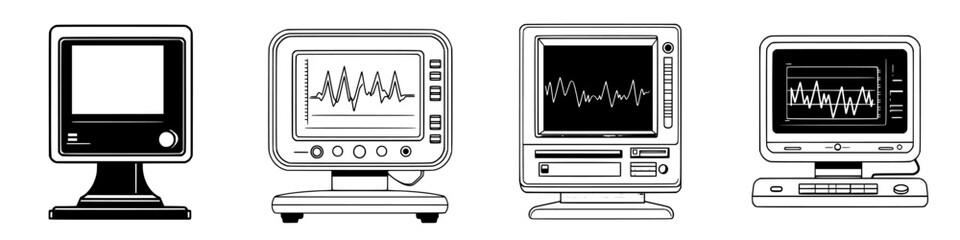 Poster - vintage computer monitors displaying various functions in a retro tech setting