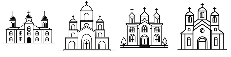 Poster - Line art illustrations of diverse churches showcasing various architectural styles and designs in a minimalist format
