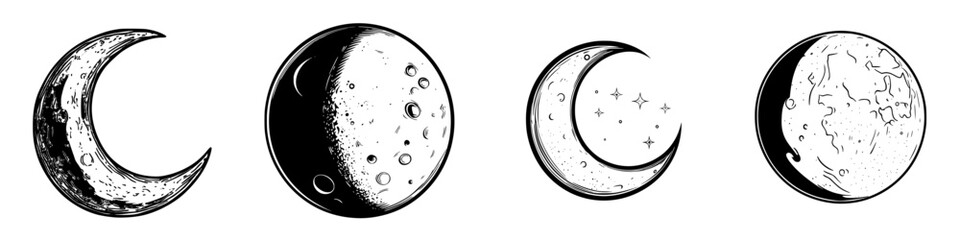 Poster - Different phases of the moon illustrated in a minimalist style with distinct textures and patterns showing changes during the lunar cycle