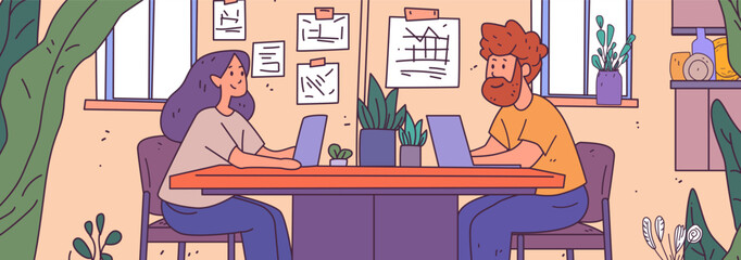 Poster - coworking space teamwork concept two people working on laptops across a table surrounded by plants a