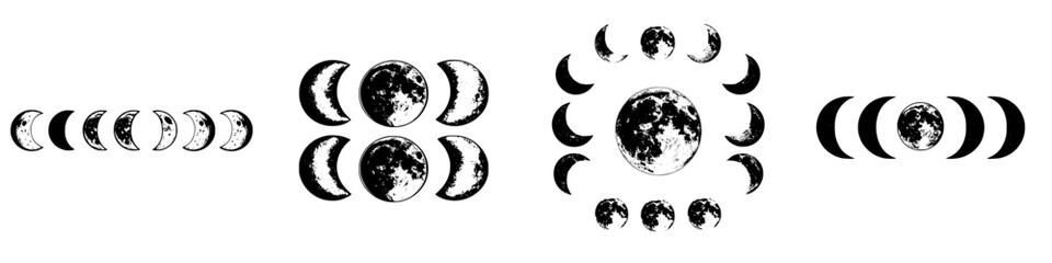 Poster - moon phases illustrated with black and white design elements showing lunar cycles and celestial symb