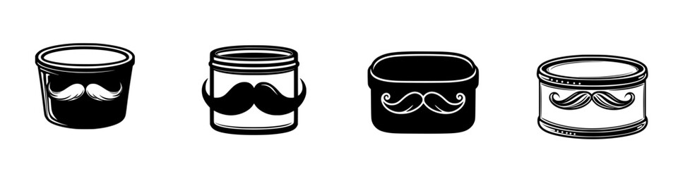 Poster - Graphic design featuring four distinct containers with unique mustache designs displayed in black and white