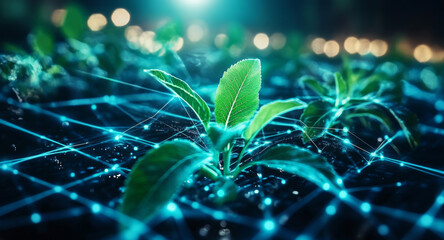 Poster - New technologies support crop selection in agriculture, showcasing young plants growing in a field. The integration of modern tools signifies advancements in farming practices.