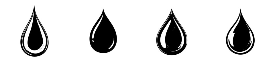 Poster - Various styles of black water droplets showcasing different shapes and designs on a white background