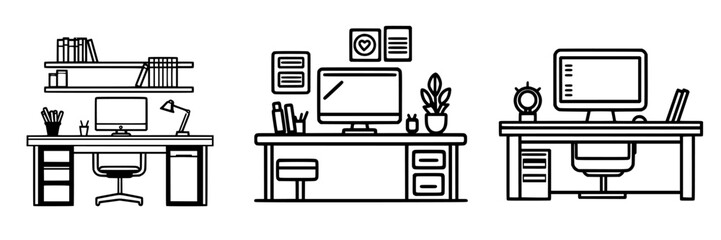 Aufkleber - modern workstations featuring ergonomic designs and organized layouts in a minimalist style