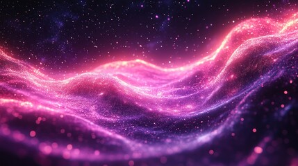 Poster - Abstract pink and purple glowing wave particle background.