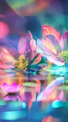 Poster - Vibrant water lilies reflect colorful lights in serene water at dusk