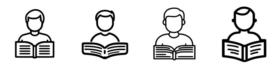 Poster - Four individuals depicted with books, showcasing different reading postures and engagement levels in a minimalist design