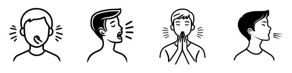 Poster - Different expressions of speaking and emotions illustrated in a simple black and white design