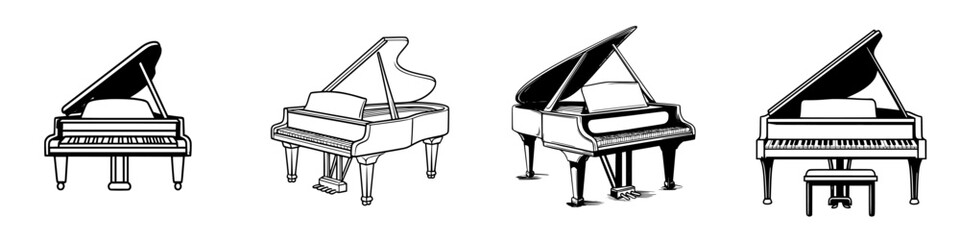 Poster - Different styles of grand pianos displayed in a simple line illustration showcasing their unique designs
