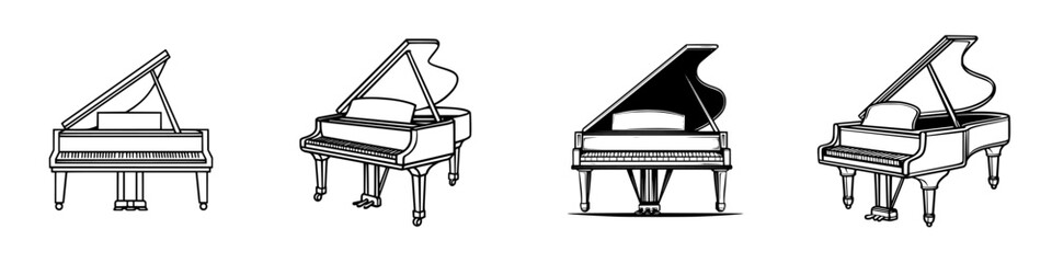 Poster - Different styles of grand pianos illustrated with elegant lines showcasing craftsmanship and design variations