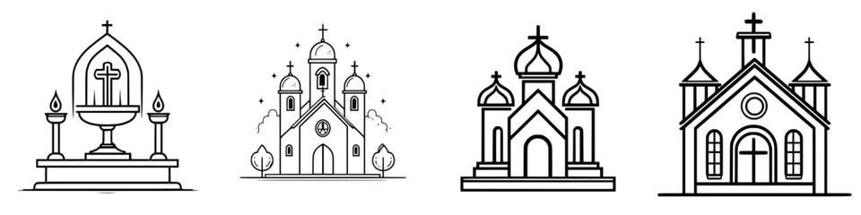 Poster - Various styles of church architecture with distinct cupolas and crosses in simple line art format