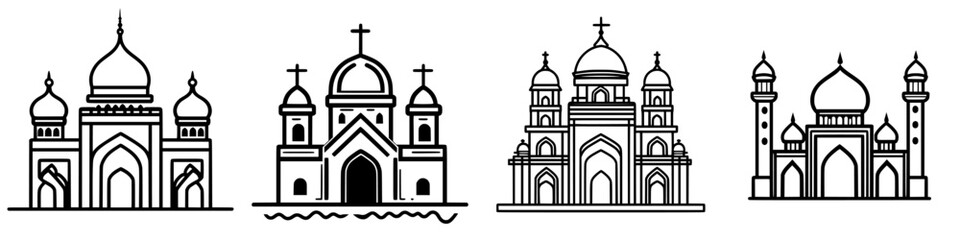 Poster - Architectural designs of various religious buildings showcasing diverse styles and influences in a minimalist artistic representation