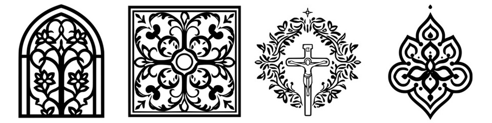 Poster - Decorative black and white illustrations of floral patterns and religious motifs