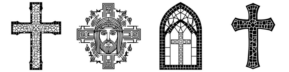 Poster - Intricate stained glass designs of crosses and religious figures showcasing artistry and craftsmanship