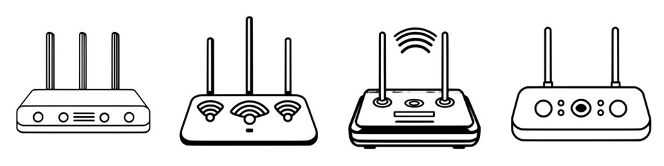 Poster - Different types of internet routers and their wireless signal indicators displayed in a minimalist style