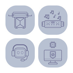Poster - Collection of robot-themed icons displayed on simple background, showcasing various designs including music control, AI technology, and communication elements in digital format