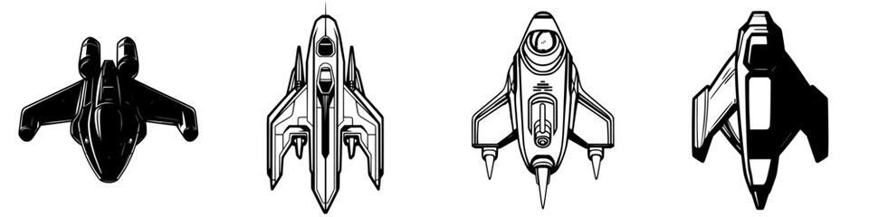 Poster - conceptual designs of futuristic spacecraft showcasing various shapes and features for potential spa