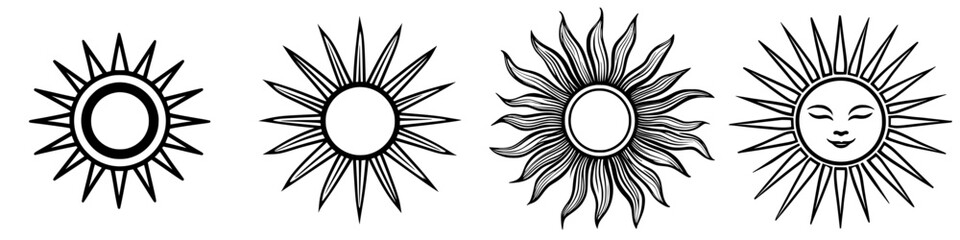 Poster - Decorative sun illustrations depicting various styles and expressions of sunlight in a simple black and white design