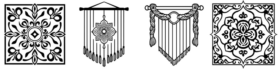 Poster - Decorative geometric wall hangings in black and white displayed in a modern interior setting
