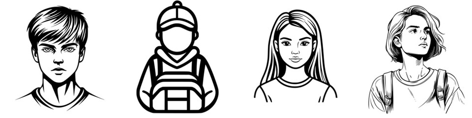 Poster - Young individuals with distinct hairstyles and expressions are showcasing unique character designs in black and white