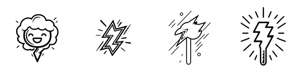 Poster - Various illustrations of lightning and smiles suggesting energy and creativity in a playful style