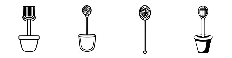 Poster - Various designs of toilet brush holders in simple line art style displayed together