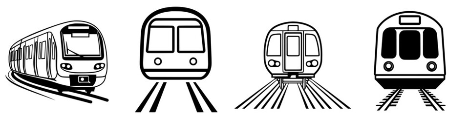 Poster - Different types of modern trains traveling on tracks illustrating urban transportation in a busy city environment