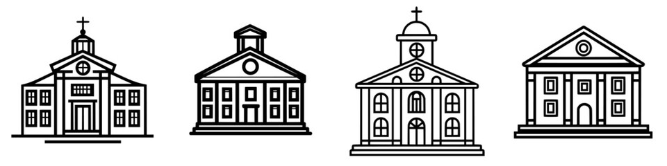 Poster - Detailed designs of four distinct church buildings highlighting unique architectural styles and elements