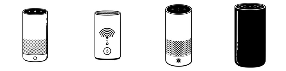 Poster - Different designs of smart speakers on a neutral background showcasing various functionalities and shapes
