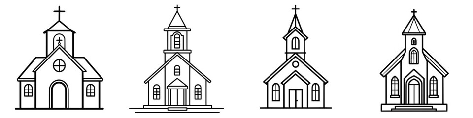 Poster - Various outlined church designs showcasing diverse architectural styles in a minimalist format