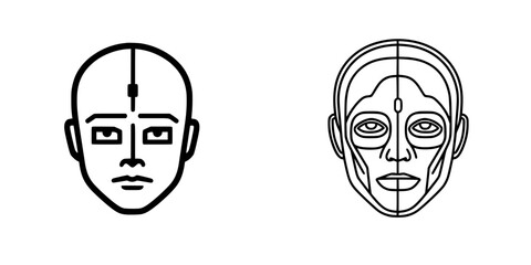 Poster - Facial design features of a robotic head and a human-like face in a minimalistic style on a white background