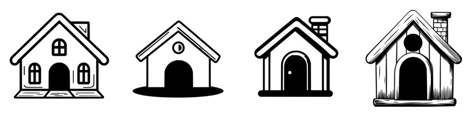 Poster - Series of four simple house silhouettes showcasing various styles and designs, with a minimalist approach suitable for diverse decorative uses