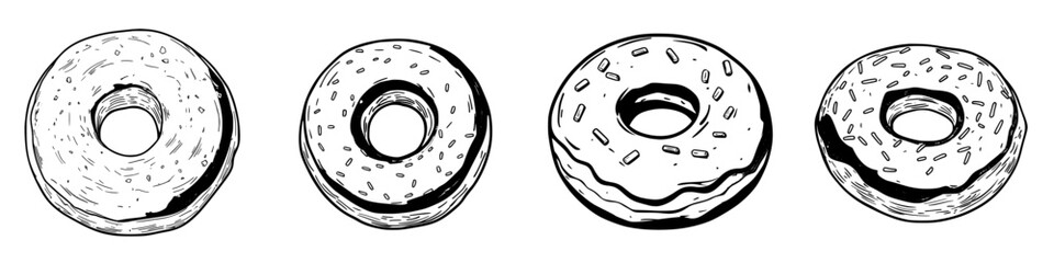 Poster - Variety of donuts displayed in a simple black and white illustration featuring different toppings and styles