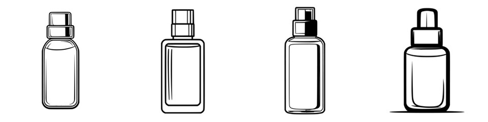 Poster - Collection of four outline sketches of cosmetic bottles in various shapes and sizes