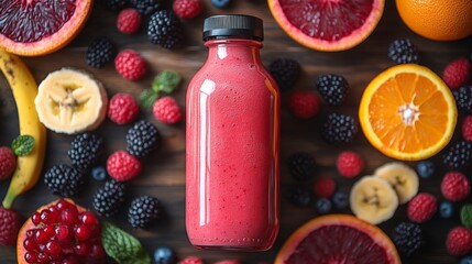 Aufkleber - A vibrant bottle of smoothie sits centered among an array of fresh fruits, including blood oranges, bananas, and berries on a wooden table, illuminated by natural light.