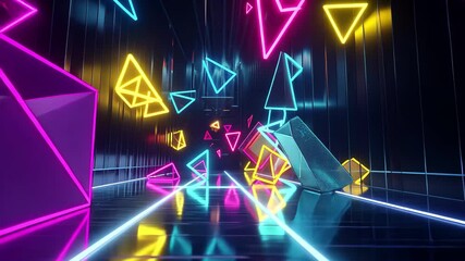 Poster - Shapes move dynamically over a vibrant neon light trail in an immersive digital landscape, shapes moving over neon light trail