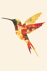 Poster - Hummingbird Mosaic: A vibrant illustration of a hummingbird in flight, rendered in a mosaic style with a rich palette of colors. 