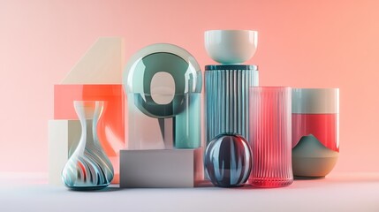 Poster - Abstract still life with colorful glass and geometric shapes against a peach background.