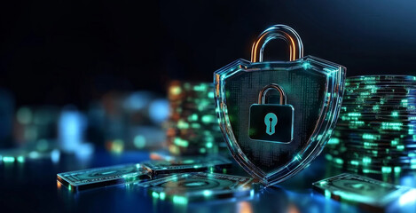 Poster - A digital shield with a lock stands prominently among stacks of cash, representing security and privacy in banking. This visual emphasizes the importance of protecting financial assets.