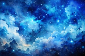 Poster - Abstract Watercolor Night Sky: Blue, Black, and White Starry Background Stock Photo